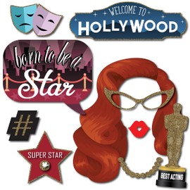 Hollywood Photo Booth Props - 41-pc Photobooth Kit with 8 x 10-Inch Sign, 60 Glue Dots, 45 Sticks - Movie Night Supplies - Hollywood Party Decorations