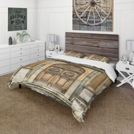 DesignQ Old Wooden Door with Carvings in Paris, France Traditional Duvet Cover Set, Brown Duvet Cover Set King, Abstract Bedding Set of 3 Pieces, All Season Traditional Bedding Sets King