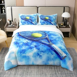 3 Pieces Tennis Racket and Ball Duvet Cover 100% Cotton Queen Size for Teens Youth,3D Sport Theme Watercolor Tie Dyed Comforter Cover,Kids Teens Outdoor Tennis Super Soft Bedding (Not Comforter)