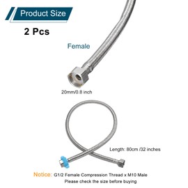 sourcing map 2Pcs 32" Faucet Supply Lines Connector Stainless Steel Braided Long Faucet Connector G1/2 Female Compression Thread x G1/2 Female Straight Thread for Kitchen Sink Bathroom (Silver)
