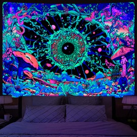 Uspring Blacklight Mushroom Tapestry UV Reactive Eye Tapestries Aesthetic Floral Plant Tapestry Hippie Butterfly Snake Tapestry Galaxy Space Tapestry for Bedroom(51.2 x 59.1 inches)