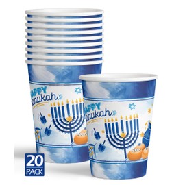 Tazas de Hanukkah – 9 oz – 20 unidades – Artículos de papel Hanukkah – Suministros de fiesta temáticos de Janucá azul y blanco