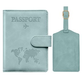 Toctax Passport Cover and Suitcase Tag Set, Passport Case with RFID Blocker, Passport Organiser, Passport Cover for Men and Women, Passport Cover for Travel Essentials (Light Blue)
