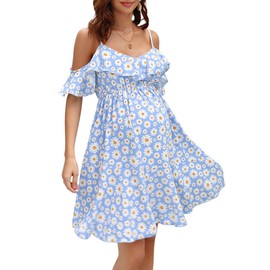 FUNJULY - Vestido de Lactancia de Maternidad para Mujer, Cuello en V, Tirantes Delgados, Manga con Volantes, Estampado de Margaritas, Vestido de Vuelo Escalonado, Azul, XX-Large