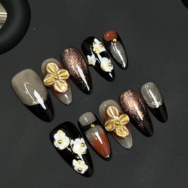Handmade Press on Nails Medium Almond False Nails Black French Tip Stick on Nail 3D Fall Golden Flower Designs DIY Glitter Nail Art Reusable Multi-Layer Gel & Thick Acrylic Fake Nails for Women (S)