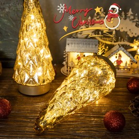 Christmas Decorations Tabletop Glass Christmas Tree Centerpiece Battery Operated Lamp with Timer Lighted Xmas Tree for Home Fireplace Mantel Tabletop Party Decor Gold