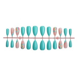 Almond Press on Nails Medium Fake Nails Blue Full Cover Glue on Nail with Colorful Line Designs False Nails Gold Curve Gloss Acrylic Stick on Nail Cute Artificial Nails for Women Girls 24Pcs