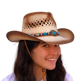 Straw Cowboy Hat Cowgirl Hats Men Women Sun Hat Sombreros Vagueros Classic Western Accents (Brown w TQ Pendant)