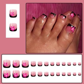 Black French Press on Toenails Short Summer Fake Toe Nails with Pink Flowers Designs Acrylic Toe Nail Press Ons Full Cover Nude Press on Toe Nails for Women Glossy Toe Nail Tips 24Pcs