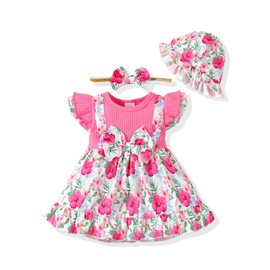 Baby Girl Clothes 3-6 Months Newborn Summer Set Infant Outfits Fly Short Sleeve Floral Dresses Headband+Hat Overall Skirt Set One Piece Rosered
