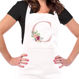 Ysound Initials Apron Women's Cooking Apron Cotton Apron Adjustable Baking Apron White Kitchen Apron with Pockets for Kitchen, Cooking, Baking, Gift for Women Mum for Birthday, Housewarming, c, One