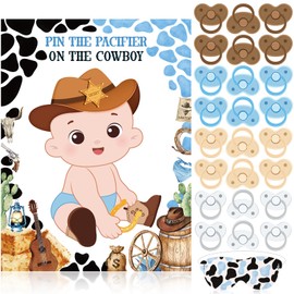 Faccito Pin The Pacifier on The Cowboy Party Games First Rodeo Party Decor Include a Cowboy Baby Poster Blindfold 24 Pacifier Stickers for Western Theme Baby Shower Decorations