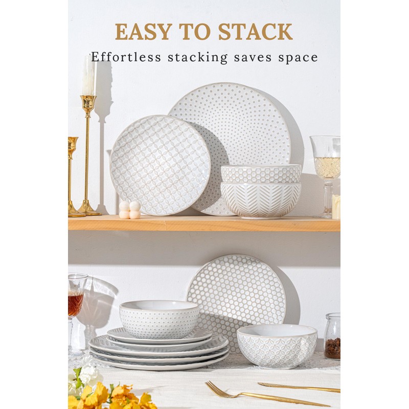 FOBENTA 18 Piece Embossed Dinnerware Sets for 6, Scratch-Resistant Plates