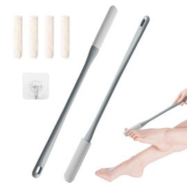 2PCS Toe Cleaning Brush, 15.7'' Gray Silicone Foot Scrubber Brush with 4 Reusable Covers, Long Handle Feet Exfoliator Tool, Foot Lotion Applicator, Soft Foot Scrub Cleaner Brush for Elderly Seniors