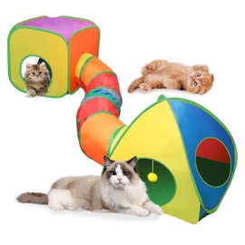 Cat Tunnel, 3 in 1 Cat Tunnel Indoor Enclosure Playpen, Collapsible Kitten Indoor Outdoor Toys, Interactive Cat Play and Hides Toy for Kitten Rabbit Bunny Ferret Indoor and Outdoor (Rainbow)