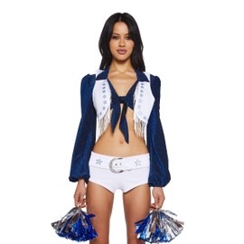 Dolls Kill Lone Star Cheerleader Costume Set by Trickz N' Treatz – Crop Top, Shorts, Vest, Pom-Poms, and Hair Clip – Blue, XX-Large