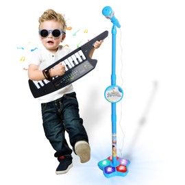 Kids Karaoke Machine with Adjustable Microphone Stand for Kids Standing Mic,Flashing Light Base,Piano Keyboard 14 Keys,Portable Keyboard Guitar Birthday Gifts for Age 3+ Boy Girls,Keytar (Blue)