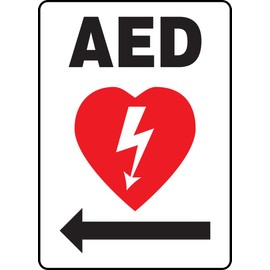 Accuform MFSD418VS Adhesive Vinyl Safety Sign, Legend "AED (Arrow Left)" with Graphic, 14" Length x 10" Width x 0.004" Thickness, Red/Black on White