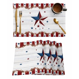 Savannan Placemats Set of 6, Independence Day American Flag Star Rustic Wooden Fourth of July Heat Resistant Non-Slip Burlap Place Mats for Dining Table Kitchen Party Holiday 13''x19'', Starssan51322
