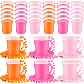 24 Pcs Pink and Orange Shot Glass on Beaded Necklace Party Accessories 2oz Disposable Mini Plastic Shot Cups with Necklace for Bachelorette Birthday Wedding Bridal Shower Festival Party