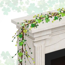 JUNEBRUSHS 5 FT St Patricks Day Garland with Lights, Artificial Green Berry Shamrock for Mantle Lighted for Home Decor Saint Patricks Party Decorations