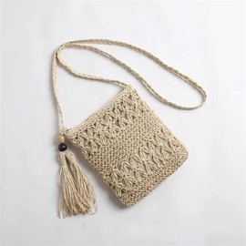 Women Straw Handbag Straw, Women Straw Woven Bag Mini Summer Beach Rattan Satchel Weave Bag Hand Knitting Square Shape Crossbody Handbags(White)