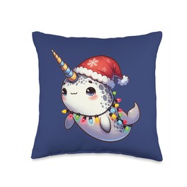 Santa Hat Christmas Fairy Lights Narwhal Throw Pillow