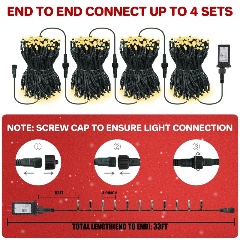 FairyGlim Christmas Lights Outdoor 100LED 33FT, Green Wire Connectable Christmas