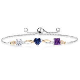 Gem Stone King 925 Silver and 10K Yellow Gold Moissanite Blue Created Sapphire Purple Amethyst and Lab Grown Diamond Tennis Bracelet for Women By Keren Hanan (1.95 cttw, Adjustable Up To 9 Inch)