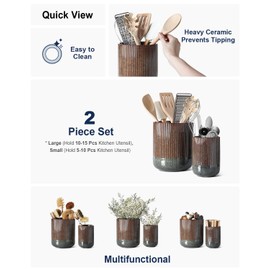 LE TAUCI Utensil Holder, 7.3"+5.4" Ceramic Kitchen Utensil Holder for Countertop, Black Cooking Utensil Crocks for Kitchen Counter, Morden Utensil Organizer for Spatula, Set of 2, Marble Dark Olive