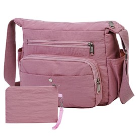 2Pcs/Set Women's Nylon Crossbody Bag – Lightweight Water-Resistant Shoulder Purse with Multiple Pockets for Travel & Work, Pink, Classic