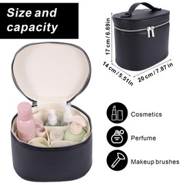 Makeup Bag, Leather Makeup Organizer Case With Compartments and Handle Portable Vanity Case Travel Toiletry Bag for Women (Black)
