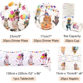 Obussgar Cat Party Decoration - Cat Party Tableware Set with Plates, Cups, Napkins, Tablecloths and Straws - for 20 People (Cats)