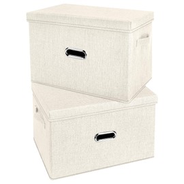 Valease Large Linen Fabric Foldable Storage Bins with Removable Lid and Handles, Washable Storage Box Organizer Containers Baskets Cube with Cover for Bedroom,Office(Cream, Large(2-Pack))