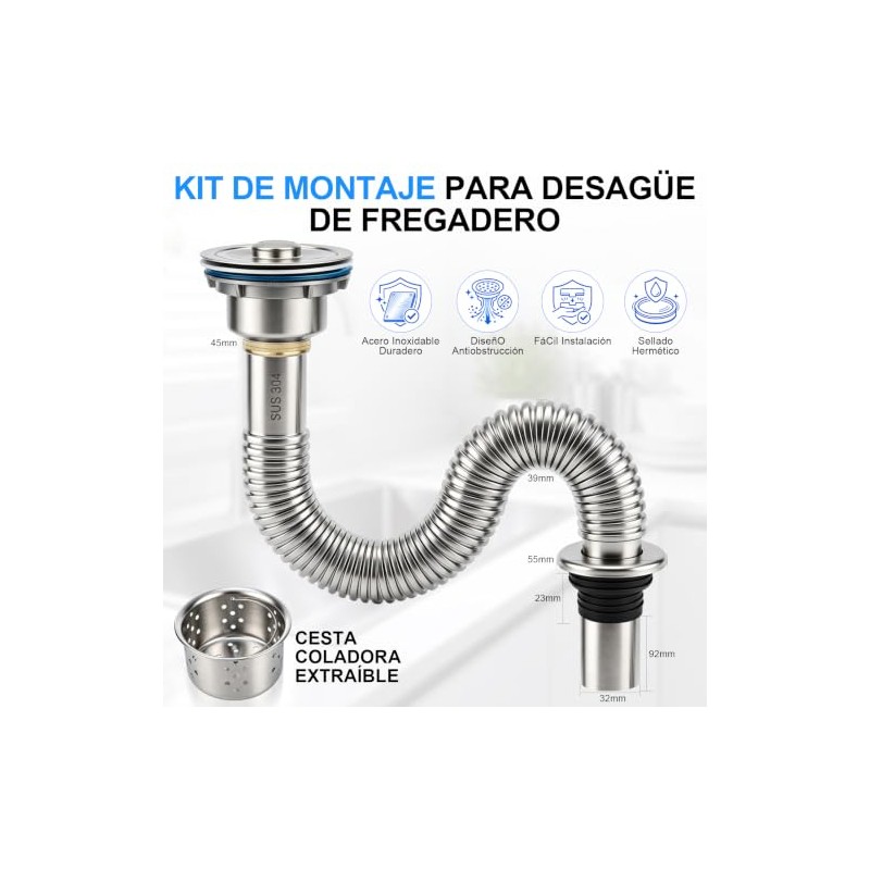 Kit de Desagüe para Lavabo de Baño Antiolor, con 110mm