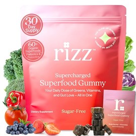 RIZZ Sugar-Free Green Gummies - 60+ Superfoods 6g Fiber - 30 Day Supply Prebiotic and Probiotic Gummies - Vegan Multivitamins for Women & Men - Gluten Free - Mushroom, Fruit and Vegetable Supplements