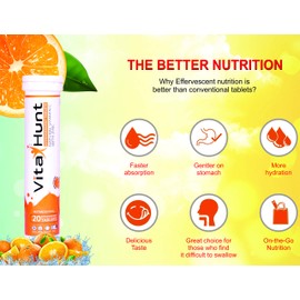 VitaHunt Vitamin C 1000 mg with Zinc- Antioxidants - Immune Support - 20 Effervescent Tablets - Orange Flavour