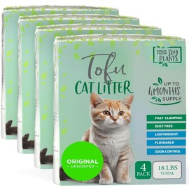 Natural Paw Tofu Cat Litter Pellets | Flushable, Lightweight, No Tracking, Dust-Free, Clumping, Odor Absorbent | 4 Pack Unscented (18b)