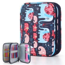 Katech Portable Travel Crochet Storage Bag Organizer with Zipper, Web Pocket and Crochet Holder Slots for Knitting Accessories (Elephant Pattern)