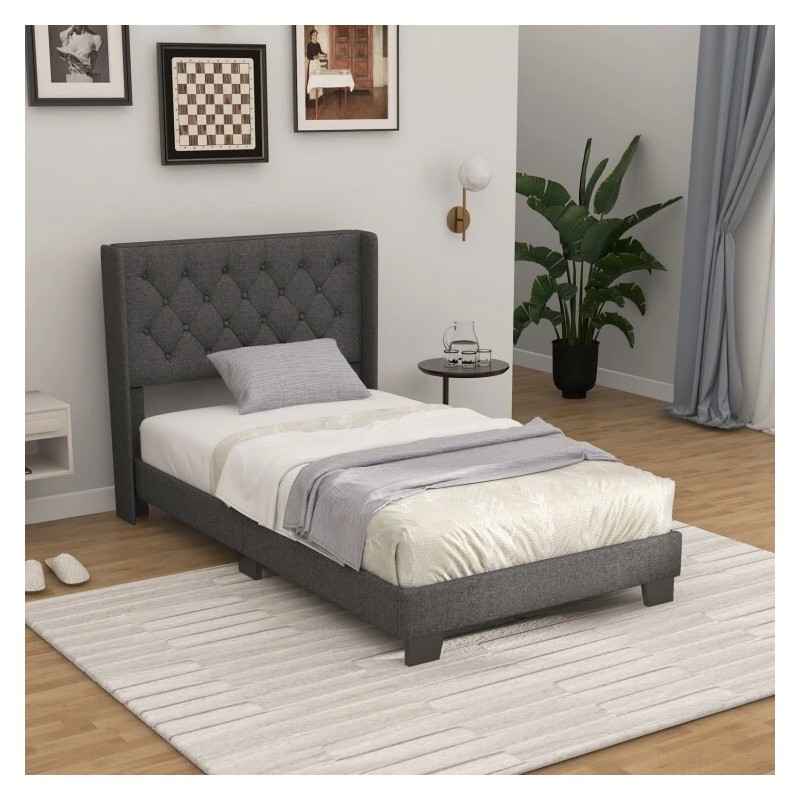 COSTWAY Twin Size Modern Upholstered Headboard Bed Frame With Button