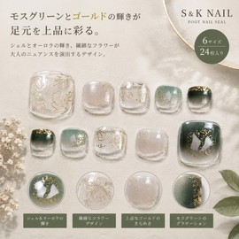 S&K NAIL Foot Nail Seals, Foot Pedicure, Just Stick On, No Hardening Required, Moss Green, Shell, Aurora, Gold, Flower, Elegant, Adult, Simple, Spring, Summer, 6 Sizes, 24 Sheets, Made in Japan
