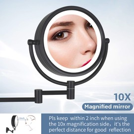 DOWRY Makeup Mirror Wall Mount Lighted with 10X Magnification, Direct Wire, 8Inch Cordless Not Batteries Operated, Shiny Black