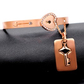 Uloveido Couples Rose Gold Plated Lock Bangle Bracelet and Key Necklace with Cubic Zirconia for Women and Men Stainless Steel Necklace Bracelet Set Y474