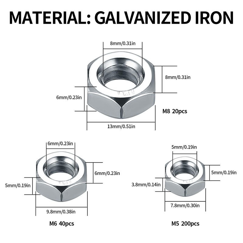 260 Pcs M5 M6 M8 Nuts, Carbon Steel Hex Nuts,