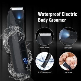 Pretfy Men's Body Hair Trimmer Rechargeable Hair Shaver Grooming Tool for Men with Large Screen Display IPX7 Waterproof Whole Body Washable with Stand