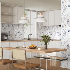 Blue Floral Wallpaper Peel and Stick Wallpaper 17.3"×197" Boho Flower Removable Self Adhesive Wall Paper for Bedroom Floral Contact Paper for Cabinets Furniture Watercolor Decor Waterproof Vinyl Film