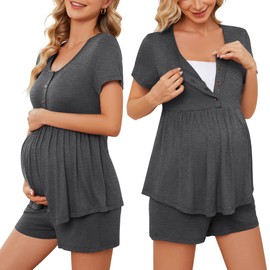 JiniGolla Women Maternity Loungewear Short Sleeve Postpartum Pjs Nursing Lounge Sets Comfy Breastfeeding Pajamas Grey L