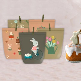 PANSIBY Easter Gift Bags, Easter Bunny Bags for Decorating and Filling, 12 DIY Brown Green Printed Easter Bags with Wooden Clips