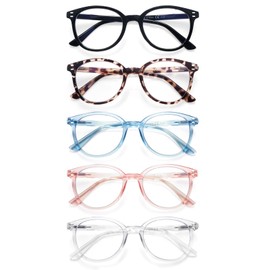 COJWIS Reading Glasses Blue Light Blocking 5 Pack Spring Hinge Fashion Readers for Men and Women Anti Glare Filter Eyeglasses (143-3 5C, 1.00)
