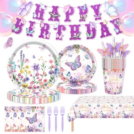 MIAOSHOUTAO 146Pcs Wildflower & Butterfly Plates and Napkins Floral Party Supplies Includes Plates, Napkin, Fork, Cup, Straw, Tablecloth, Banner for Baby Shower Birthday Party Decorations, Serves 24
